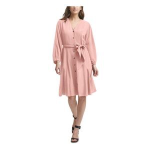 NWT CALVIN KLEIN Womens Coral Belted Button Front Elastic Waist Shirt Dress 4
